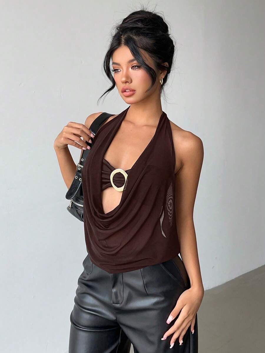 Aloruh - Nuevo chaleco sexy semitransparente con escote pronunciado, espalda descubierta y decoración metálica