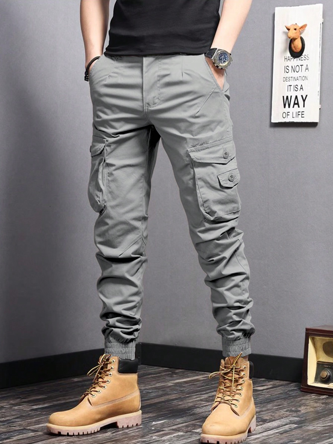 TECCULI Manfinity Homme Men Flap Pocket Side Cargo Pants, Back To School
