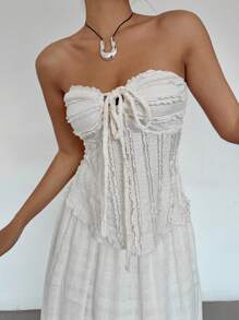 Siren Gaze - Top texturizado con volantes, lazo frontal y hombros descubiertos de color liso para mujer, atuendo para concierto, atuendos para rave, atuendo para festival, atuendo para concierto country, verano