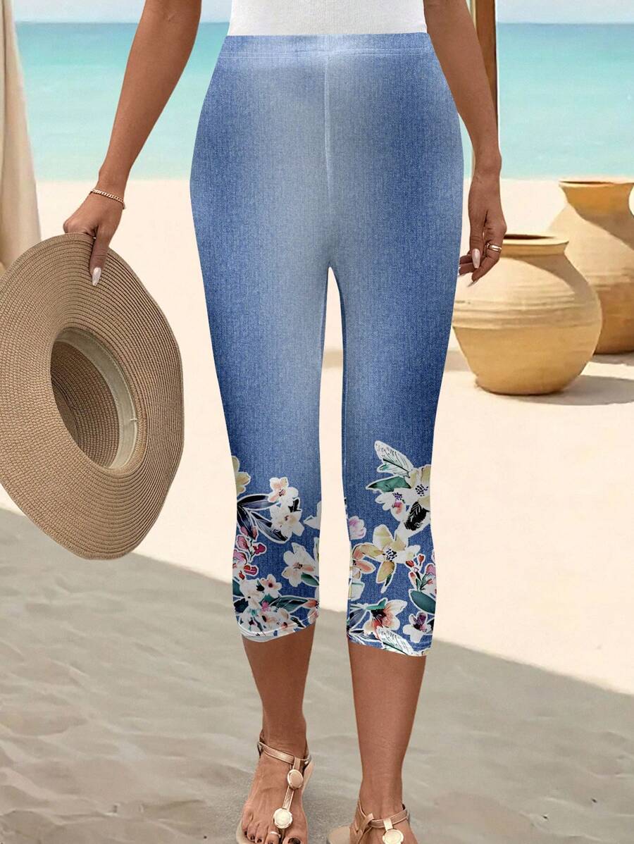 Leggings informales minimalistas con estampado floral retro para mujer de Emery Rose, ideales para el verano.