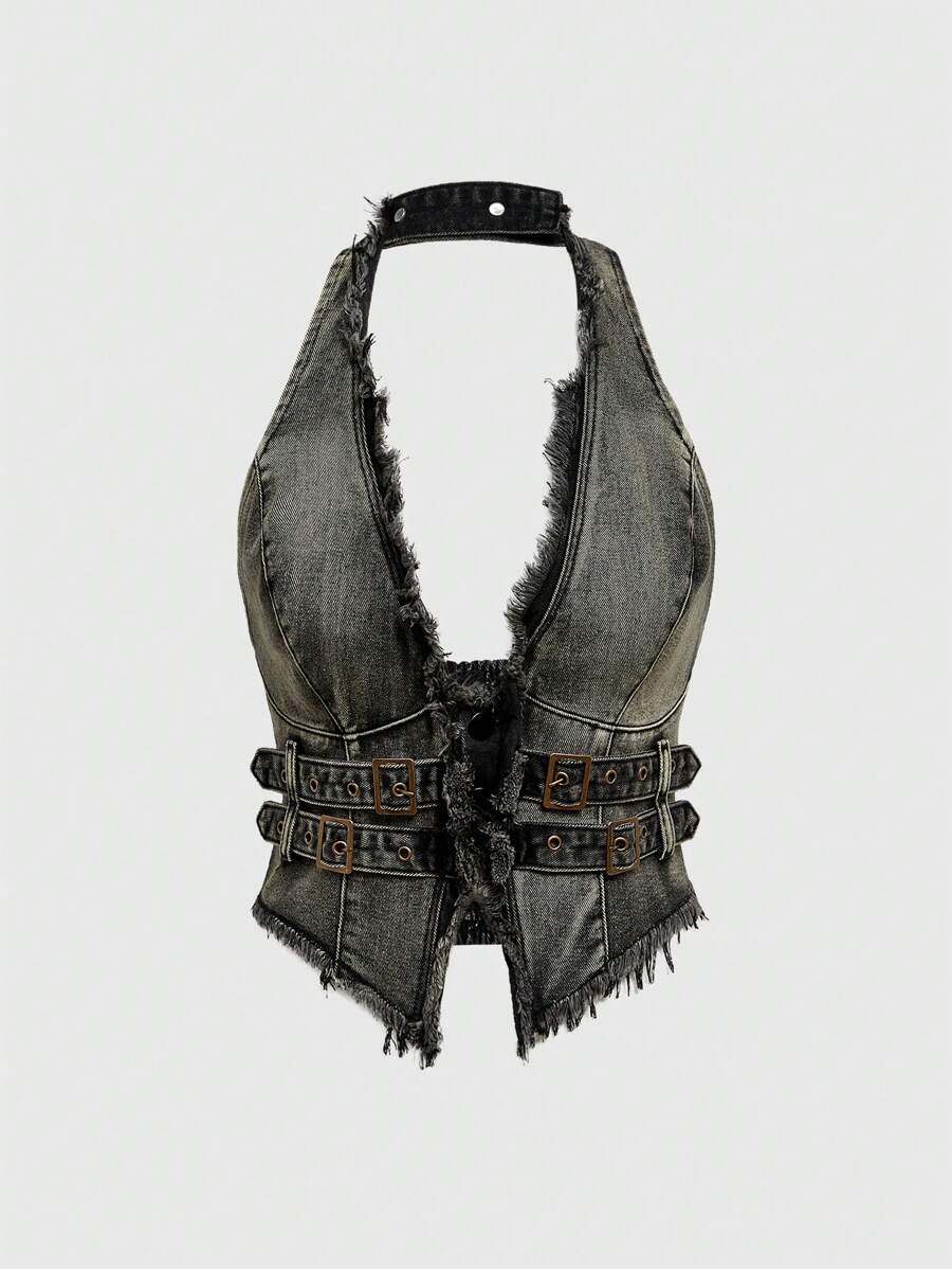 Blusa vaquera entallada con flecos y escote hippie para mujer de ROMWE, ropa informal para uso diario