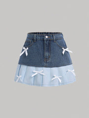 Faldas cortas vaqueras elegantes con lazo plisado y bloques de colores para niñas preadolescentes, ropa de otoño para la vuelta al cole.
