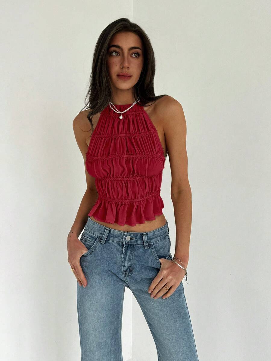 Camisola corta Aloruh para mujer con tirantes ajustables, fruncida, en capas, semitransparente, ideal para citas románticas, ideal para conciertos.