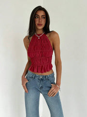 Camisola corta Aloruh para mujer con tirantes ajustables, fruncida, en capas, semitransparente, ideal para citas románticas, ideal para conciertos.