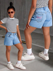 Shorts vaqueros minimalistas informales para niñas preadolescentes, uso diario