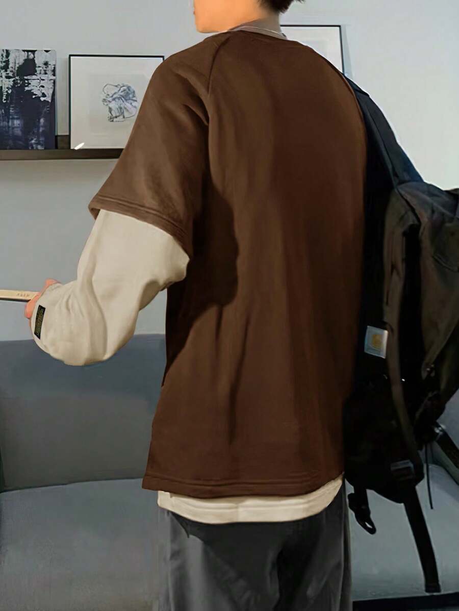 Sudadera informal 2 en 1 de manga raglán larga con parches de letras y bloques de color para hombre de Manfinity Hypemode, para salir