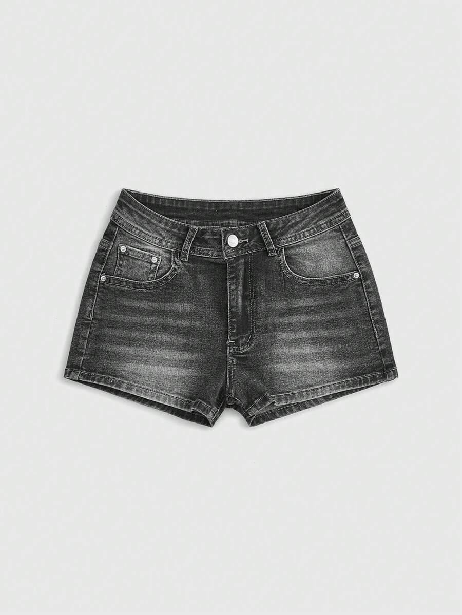 ROMWE Pantalones cortos vaqueros con bordado de cruz y diamantes de imitación para mujer, estilo grunge punk, estilo Gyaru, estilo retro de verano, para la escuela