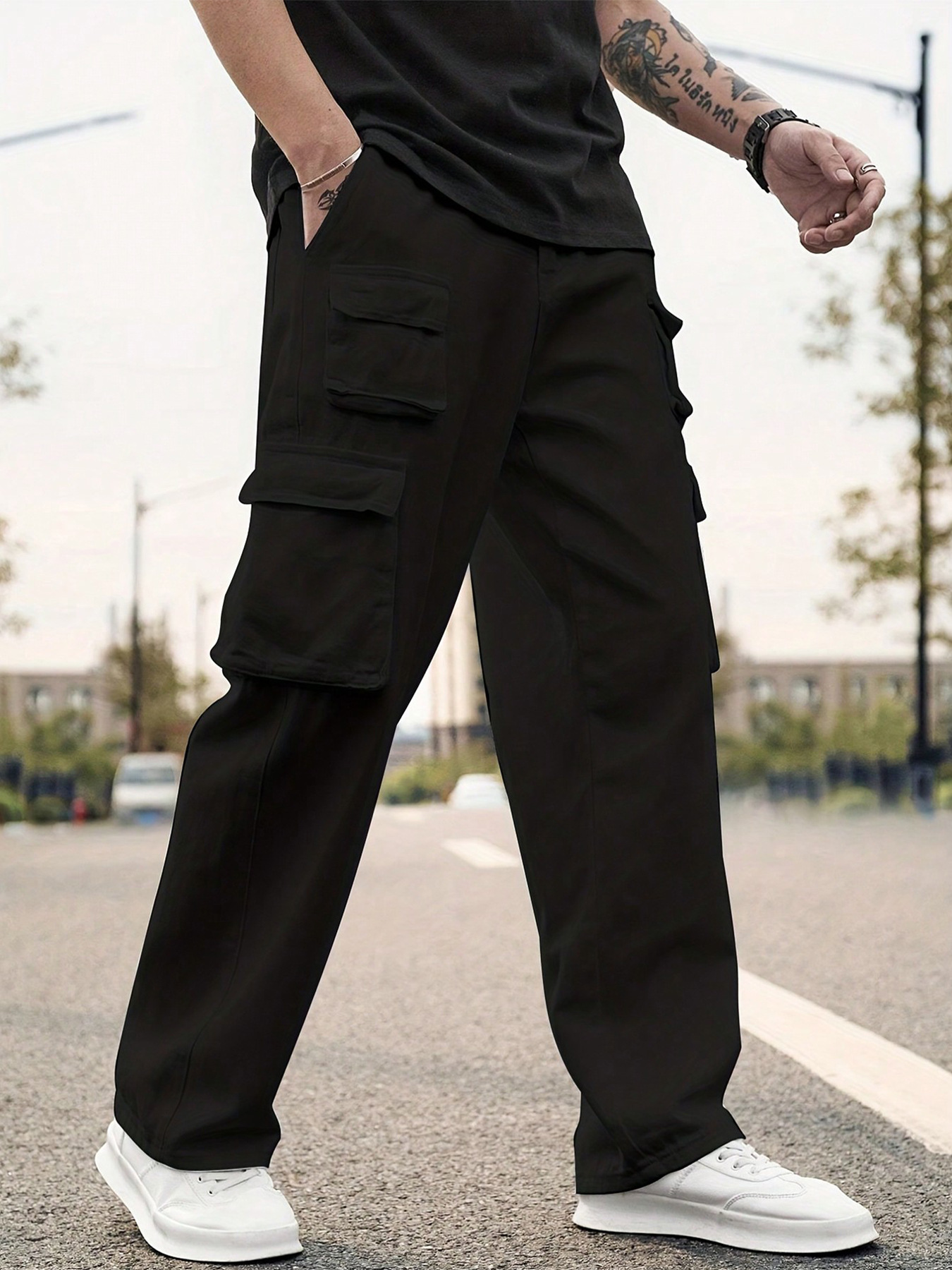 Pantalones cargo casuales transpirables TECCULI para hombre: corte holgado, múltiples bolsillos, versátiles y elegantes para primavera y otoño.