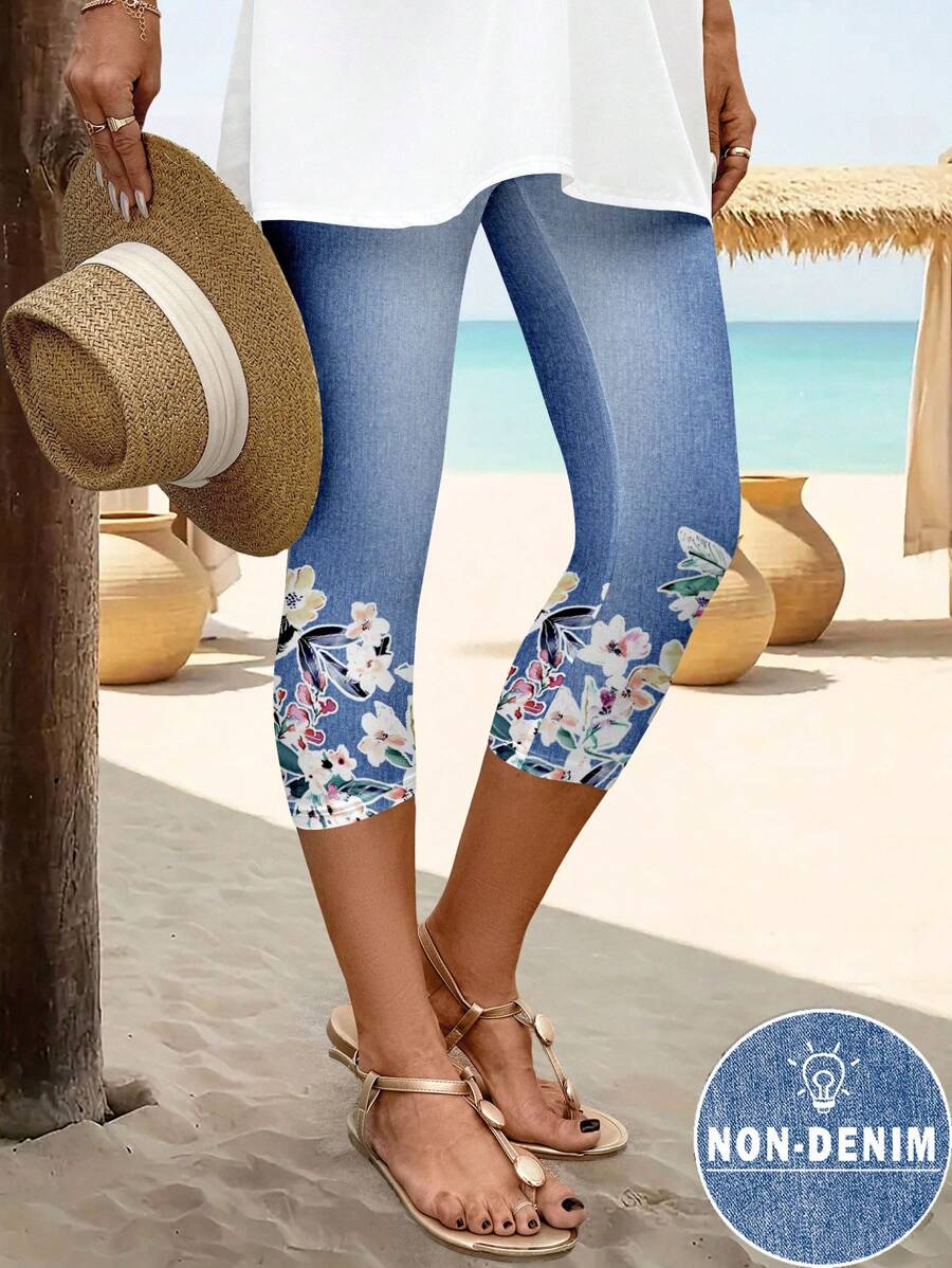Leggings informales minimalistas con estampado floral retro para mujer de Emery Rose, ideales para el verano.