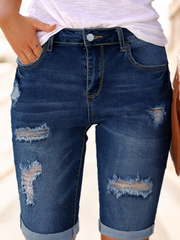 TECCULI Tween Girl Distressed Ripped High Stretch Cotton Denim Biker Shorts, Cuffed Hem, Adjustable Elastic Waist, No Zipper, Fading Design, Streetwear For Moms, Versatile Piece For Independence Day, Thanksgiving, Back To School Season