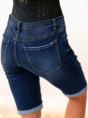 TECCULI Tween Girl Distressed Ripped High Stretch Cotton Denim Biker Shorts, Cuffed Hem, Adjustable Elastic Waist, No Zipper, Fading Design, Streetwear For Moms, Versatile Piece For Independence Day, Thanksgiving, Back To School Season