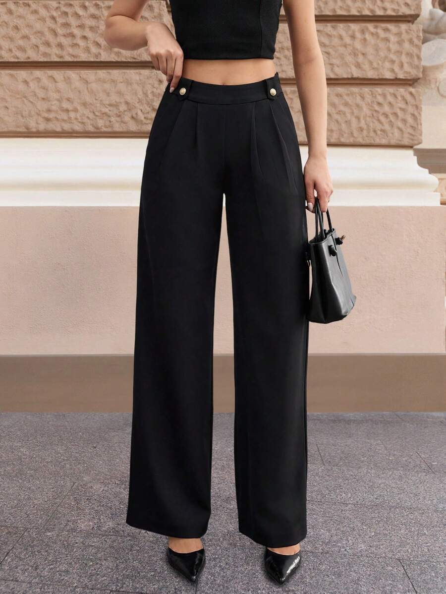 Pantalones EURMUSE de pierna ancha con diseño detallado de botones de color liso para mujer
