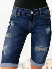 TECCULI Tween Girl Distressed Ripped High Stretch Cotton Denim Biker Shorts, Cuffed Hem, Adjustable Elastic Waist, No Zipper, Fading Design, Streetwear For Moms, Versatile Piece For Independence Day, Thanksgiving, Back To School Season