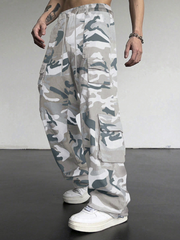 TECCULI Vintage Y2K Camouflage Cargo Pants for Men, Multi-Flap Pocket Design, Loose Fit Casual Outdoor Trousers, Mid Waist with Belt Placket, Non-Stretch Woven Polyester, Regular Length, Streetwear Hip-Hop Style