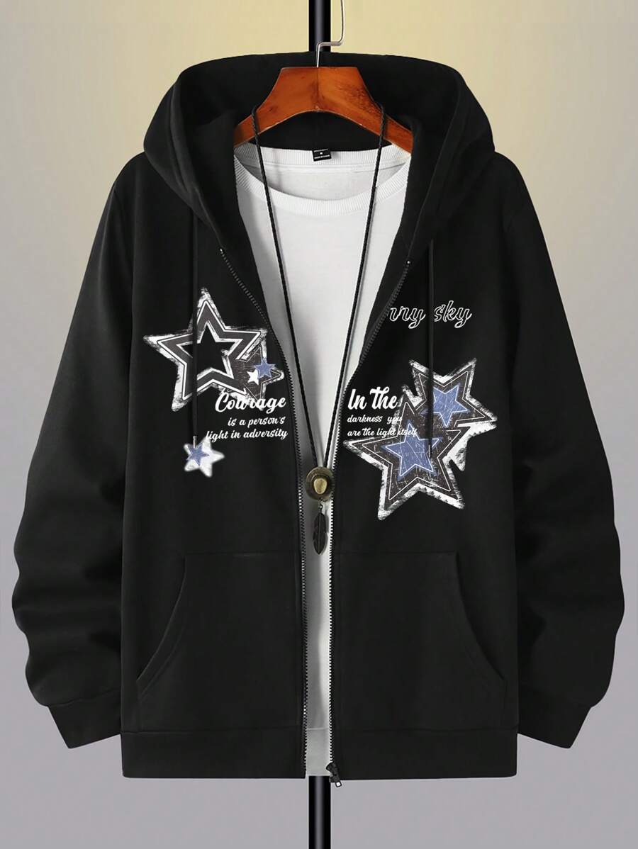 Sudadera con capucha informal Manfinity EMRG para hombre con estampado de eslogan y pentagrama, hombros caídos, manga larga, cuello con cremallera, otoño-invierno