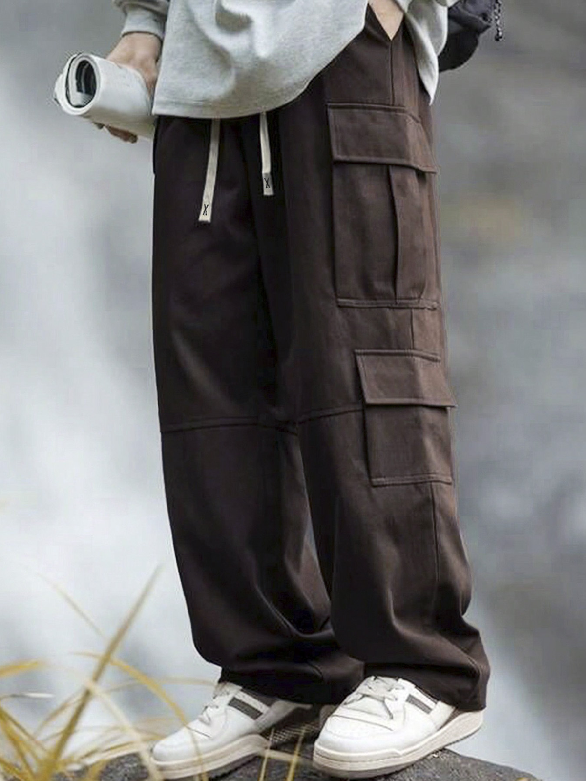 Pantalones sencillos TECCULI Manfinity EMRG para hombre, holgados, largos, con cordón, cargo, lisos, para salir y volver al cole.