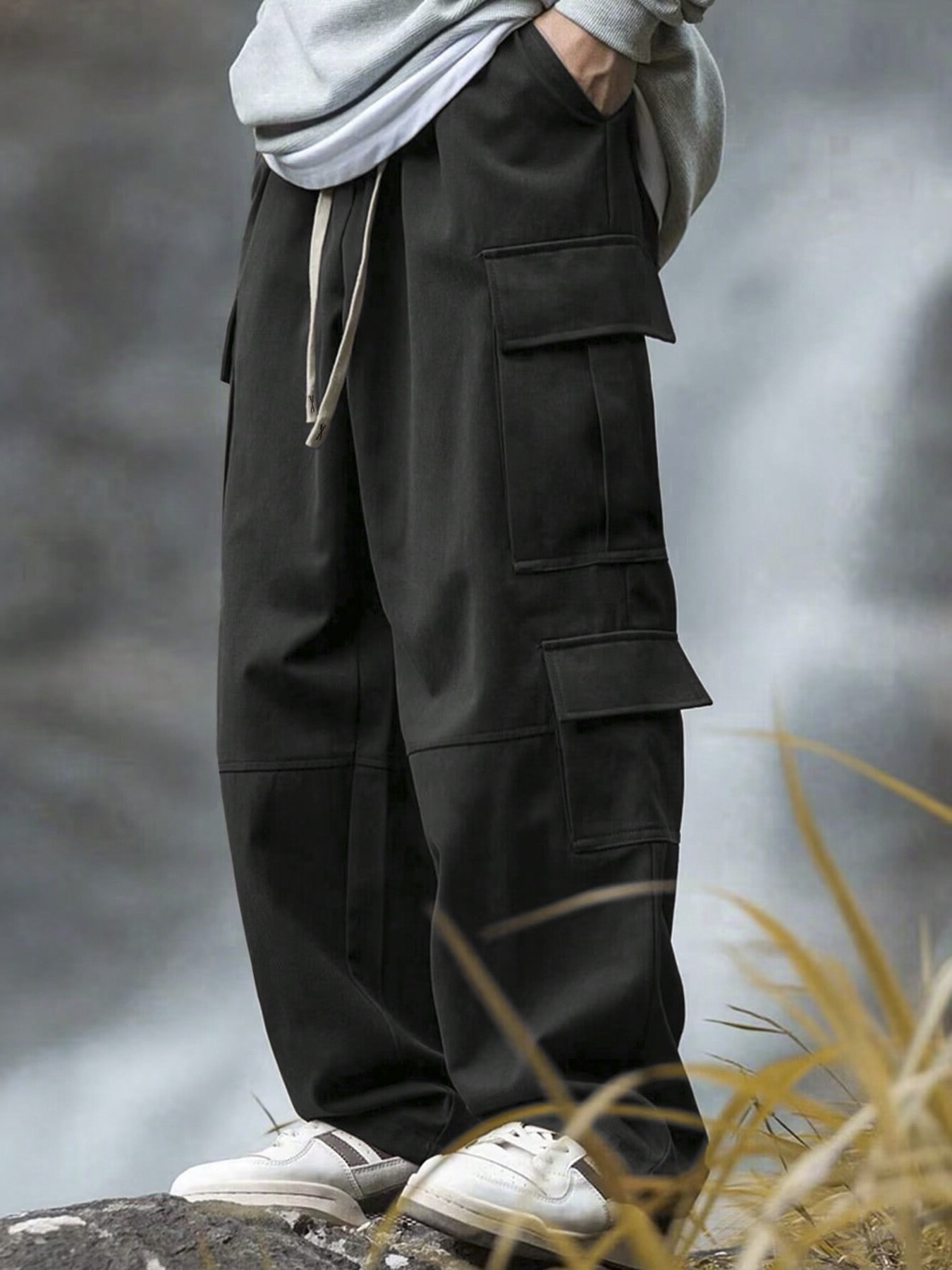 Pantalones sencillos TECCULI Manfinity EMRG para hombre, holgados, largos, con cordón, cargo, lisos, para salir y volver al cole.