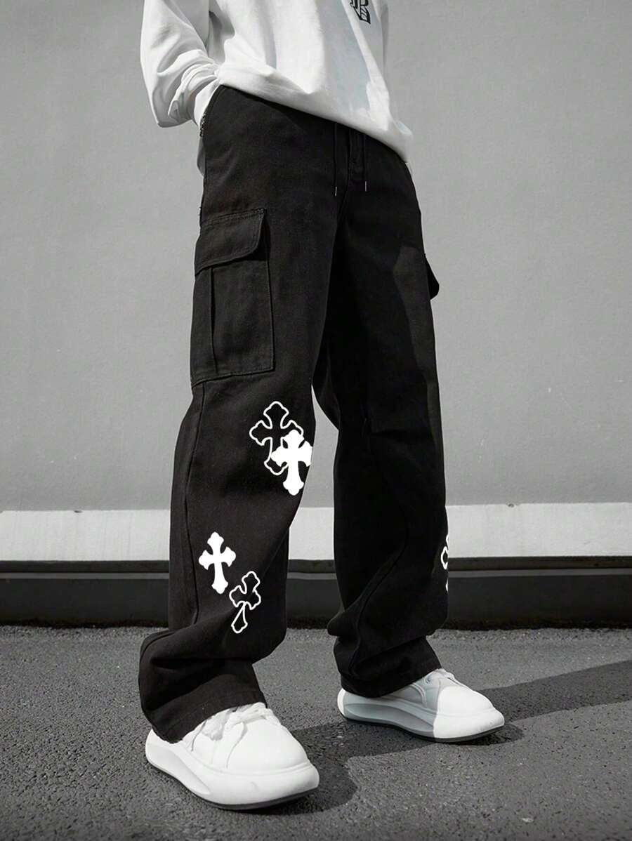 Pantalón cargo multibolsillos para hombre, corte holgado con estampado cruzado, ideal para playa, informal, deportes, actividades al aire libre, jogging, corte recto y holgado, ideal para cualquier temporada, estilo urbano, regalo para novio o esposo.