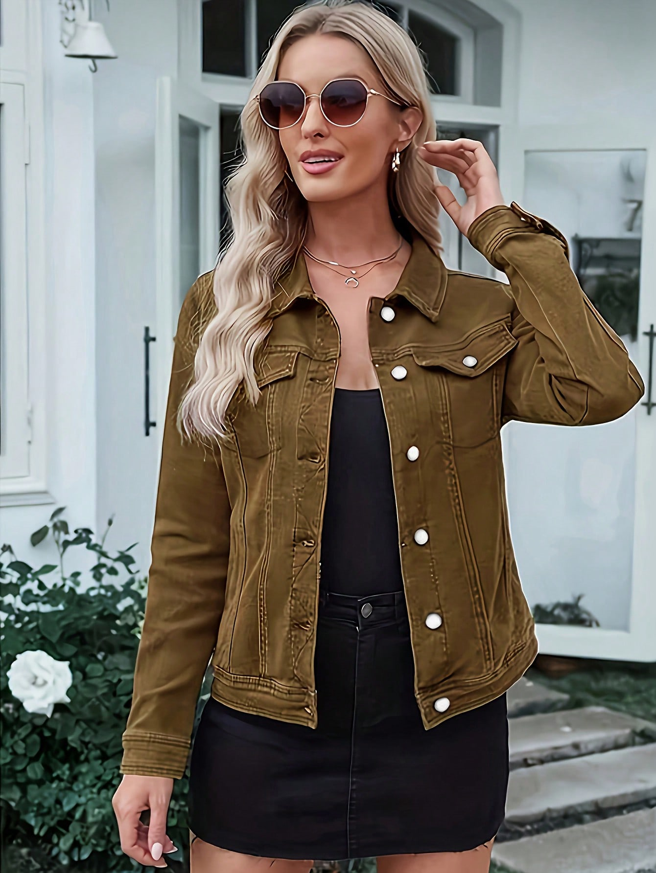 Chaqueta vaquera TECCULI para mujer, informal, de manga larga, con solapa, botones, bolsillo en el pecho, ajustada, para otoño e invierno.
