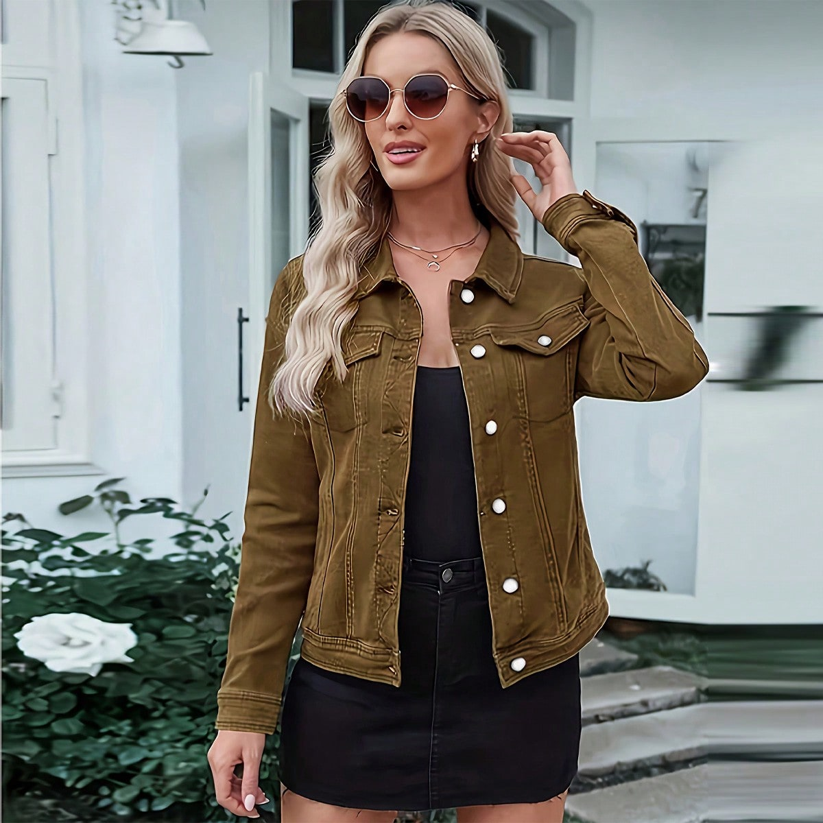 Chaqueta vaquera TECCULI para mujer, informal, de manga larga, con solapa, botones, bolsillo en el pecho, ajustada, para otoño e invierno.