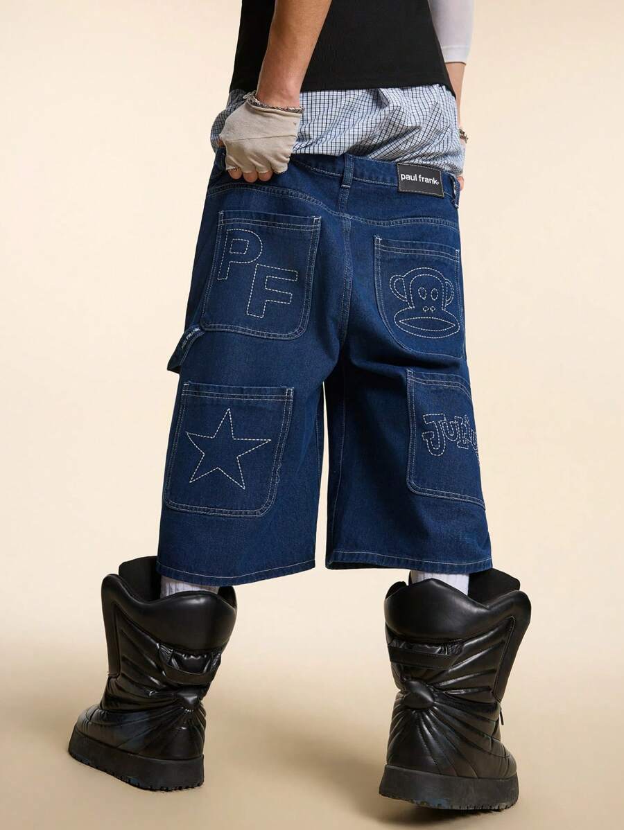 Pantalones cortos vaqueros holgados informales con múltiples bolsillos y bordados para hombre de Paul Frank