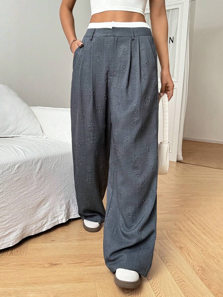 Pantalones de vestir elegantes, holgados, de pierna ancha, plisados y con estampado floral de cintura alta para mujer de EZwear