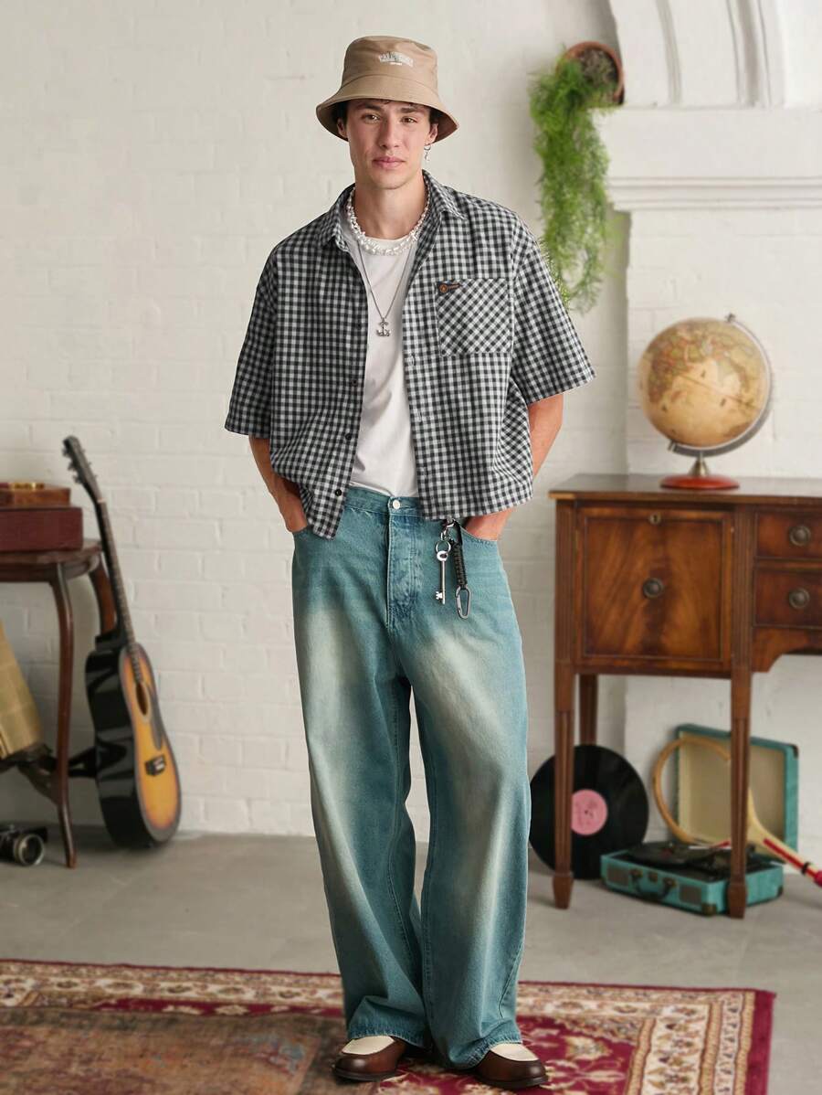 Camisa holgada de manga corta a cuadros para hombre de SWAVVY, corte cuadrado, Y2K