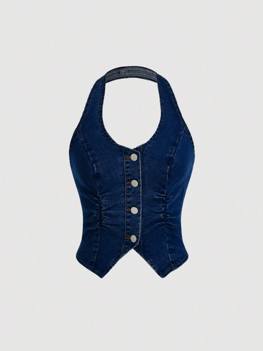 Top corto de mezclilla ajustado con elástico azul Y2K, cuello halter, sin espalda y con tirantes finos ICON