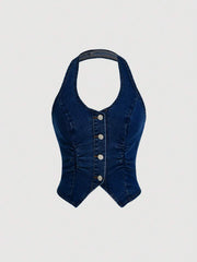 Top corto de mezclilla ajustado con elástico azul Y2K, cuello halter, sin espalda y con tirantes finos ICON