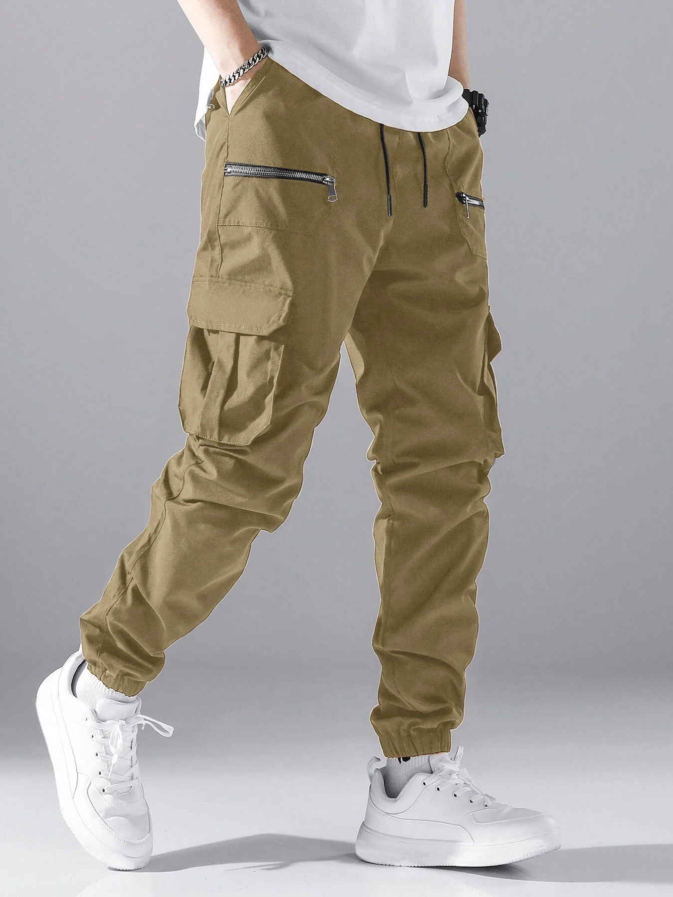 Pantalones cargo holgados TECCULI Manfinity Hypemode para hombre con bolsillos de solapa, cintura con cordón y bolsillos laterales, ideal para la vuelta al cole.