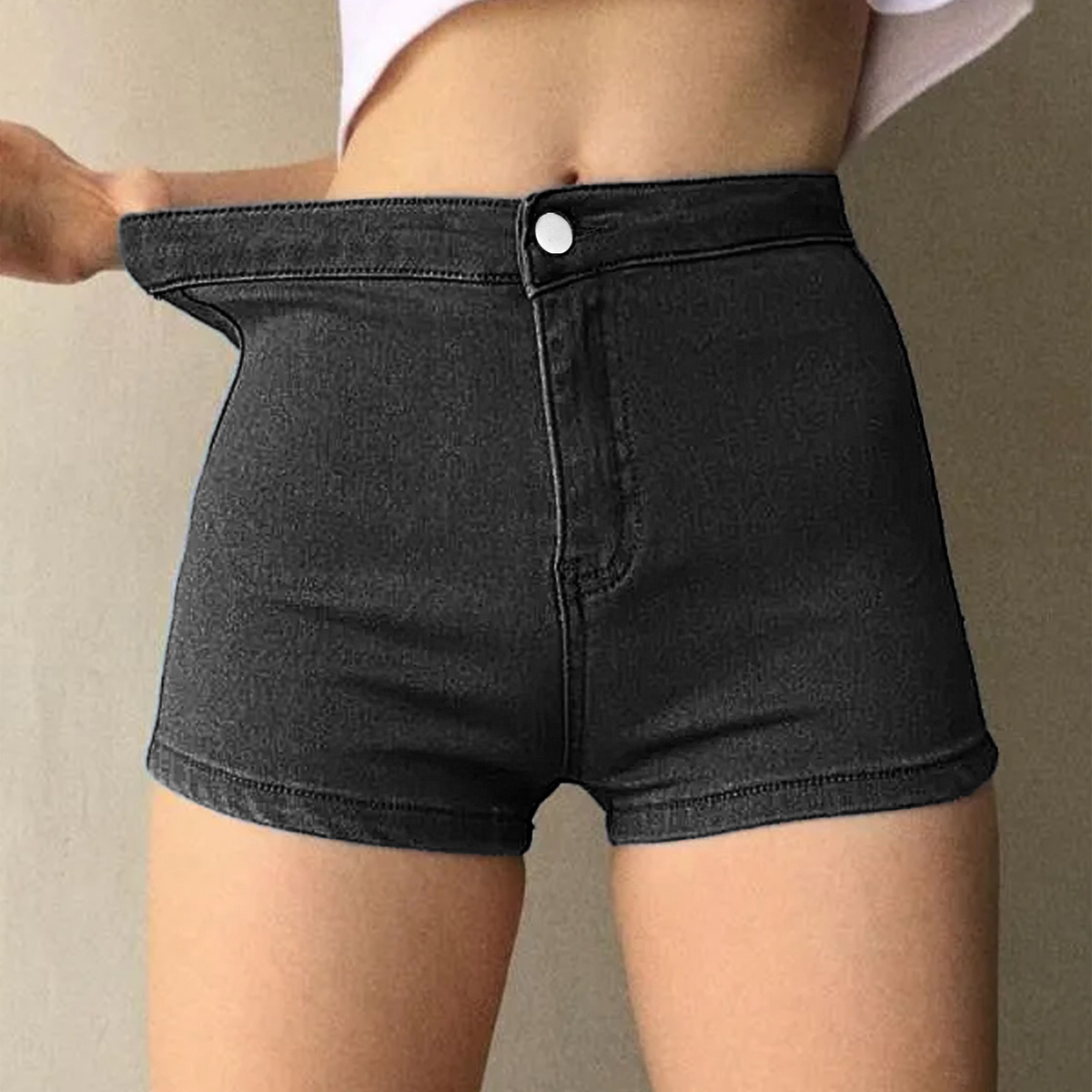 TECCULI - Pantalones cortos vaqueros elásticos de cintura alta para mujer, de verano, nuevos, sexys, ajustados, para glúteos, pantalones cortos femeninos