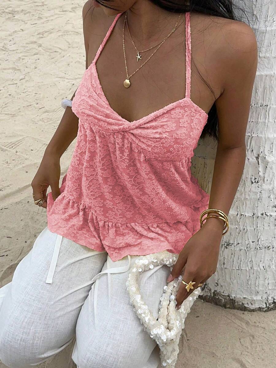 Camiseta sin mangas Sunnyshic de color liso con cuello halter para mujer, moderna para el verano