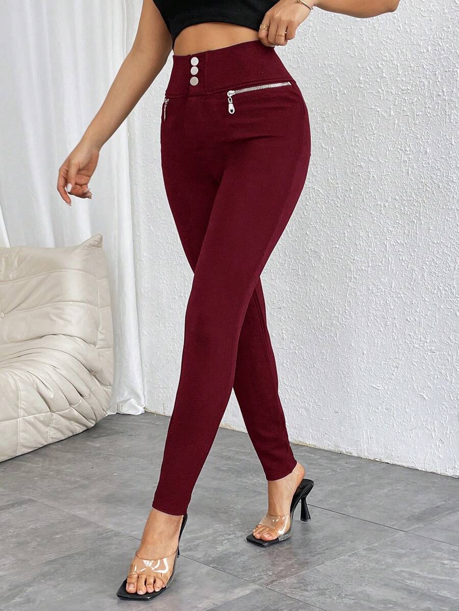 Pantalones casuales ajustados de cintura alta con cremallera y botones frontales de color liso para mujer de Firerie