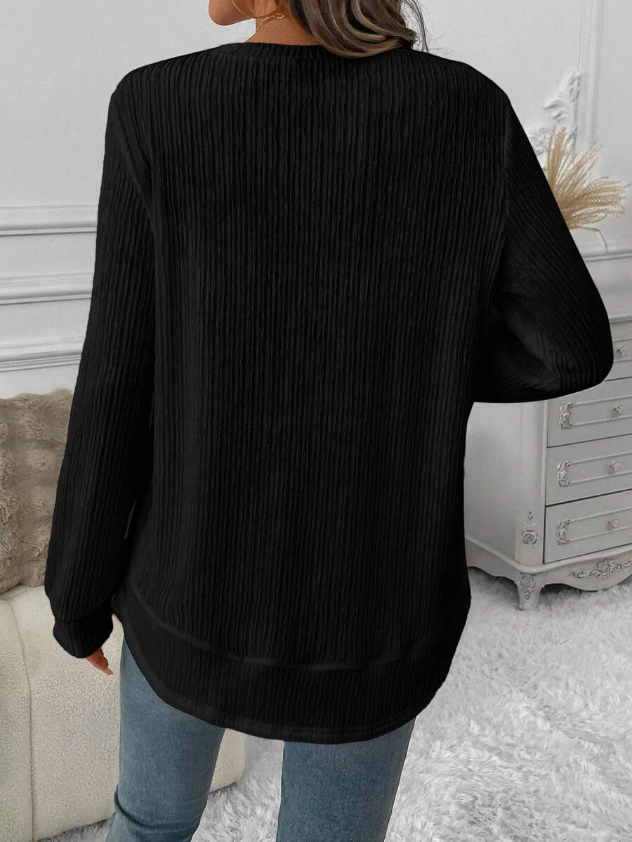 Sudadera LUNE de cuello redondo, dobladillo asimétrico, tejido con textura de gofre, silueta básica, informal y cómoda, para mujer, tops de manga larga