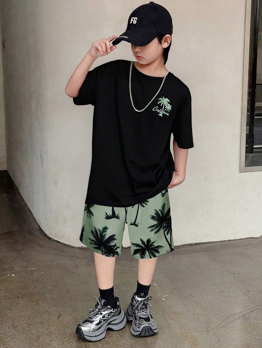 Camiseta y pantalones cortos playeros con estampado de cocoteros para niños preadolescentes