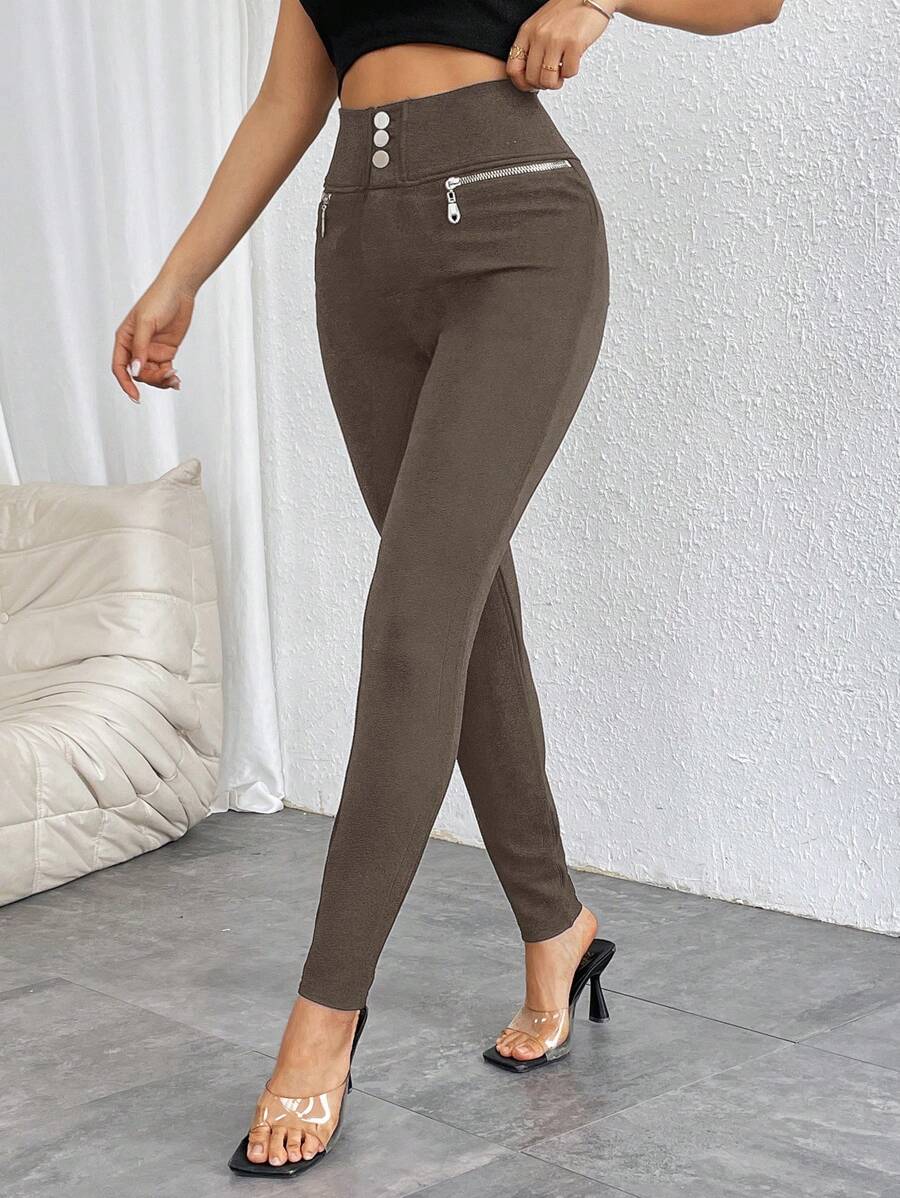Pantalones casuales ajustados de cintura alta con cremallera y botones frontales de color liso para mujer de Firerie