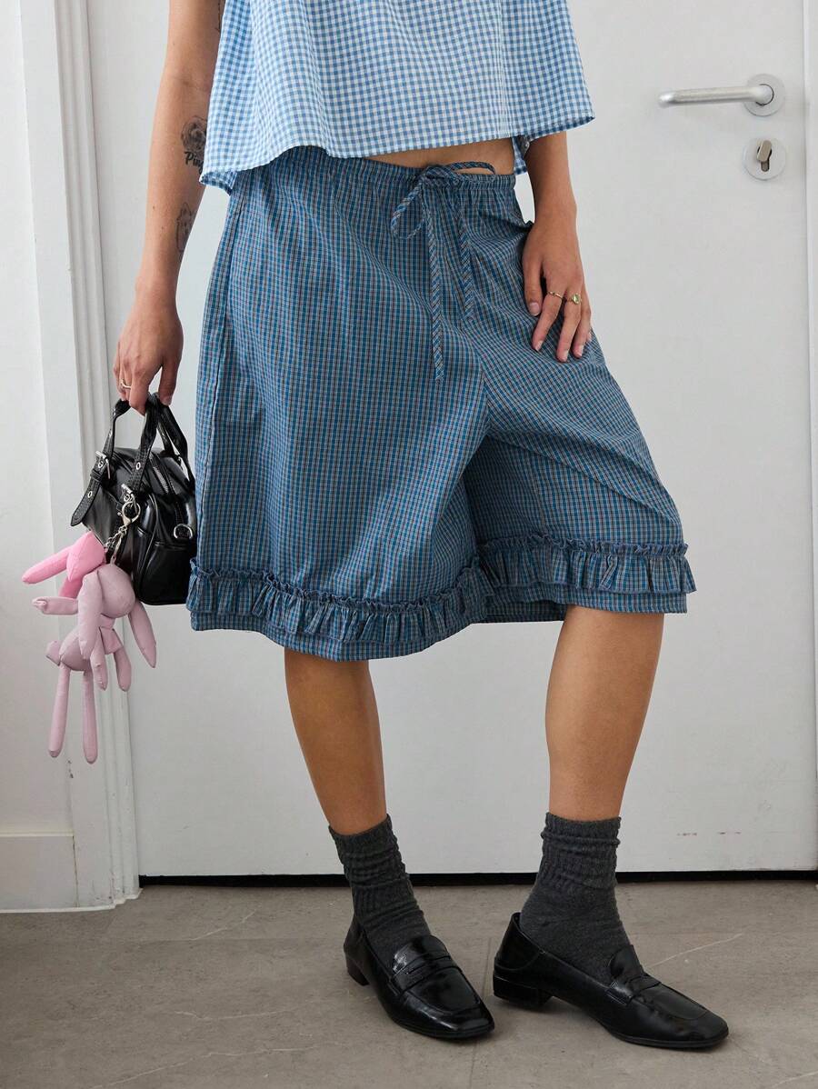 COUREZ Check Frill Bermuda Shorts Summer Outfits For Women Summer Dresses Going Out Outfits Casual Y2K Vacation Holiday 100%Cotton 100%Cotton Vintage