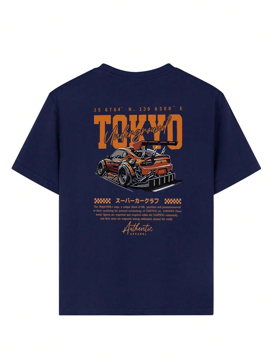 Camiseta de manga corta con estampado de coche, ideal para preadolescentes y estudiantes de verano.