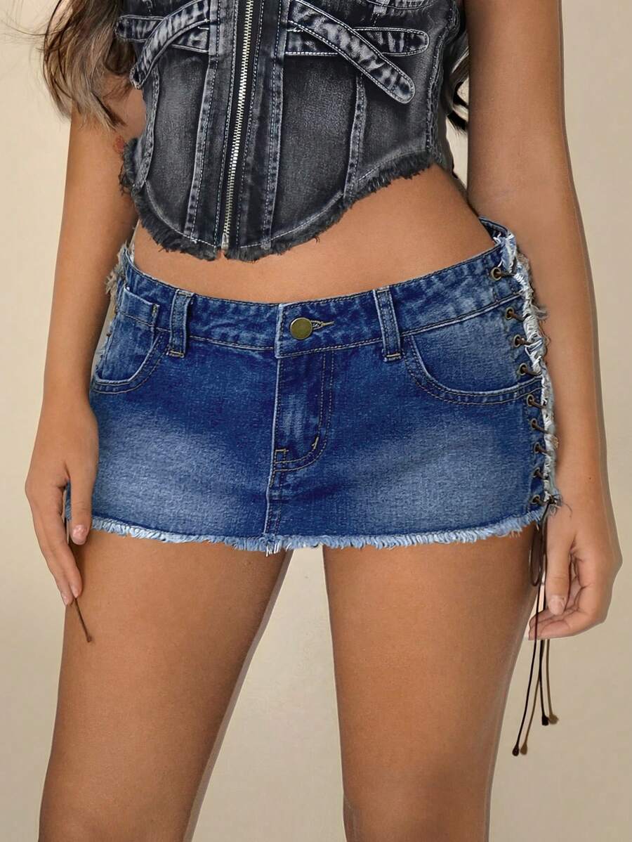 Falda vaquera corta ultracorta con lazo, estilo sexy, estilo años 2000, para mujer