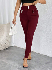 Pantalones casuales ajustados de cintura alta con cremallera y botones frontales de color liso para mujer de Firerie