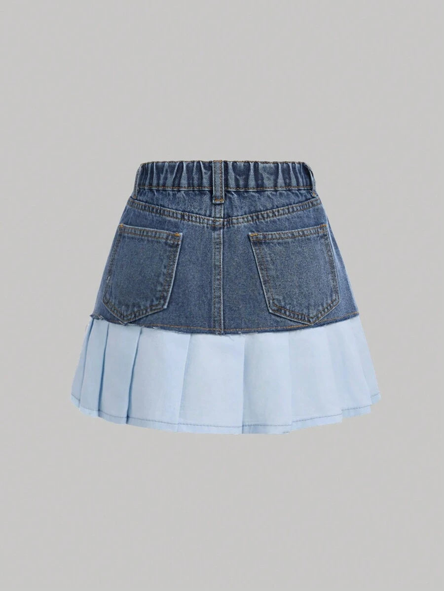 Faldas cortas vaqueras elegantes con lazo plisado y bloques de colores para niñas preadolescentes, ropa de otoño para la vuelta al cole.
