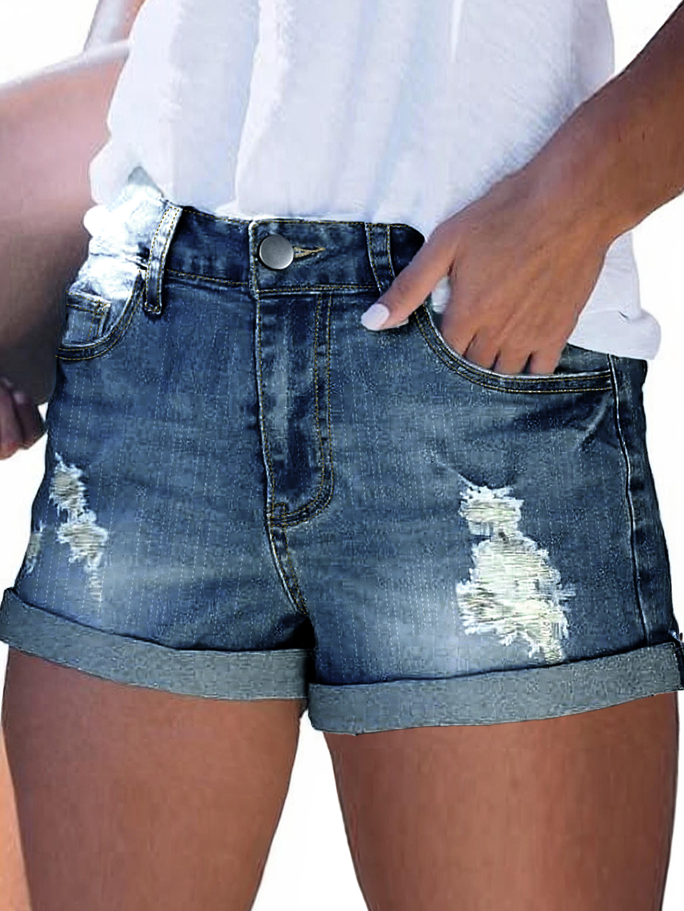 TECCULI Denim Shorts Women Jeans Ripped Mid Waist Solid Color Soft Short Jeans Shorts Summer