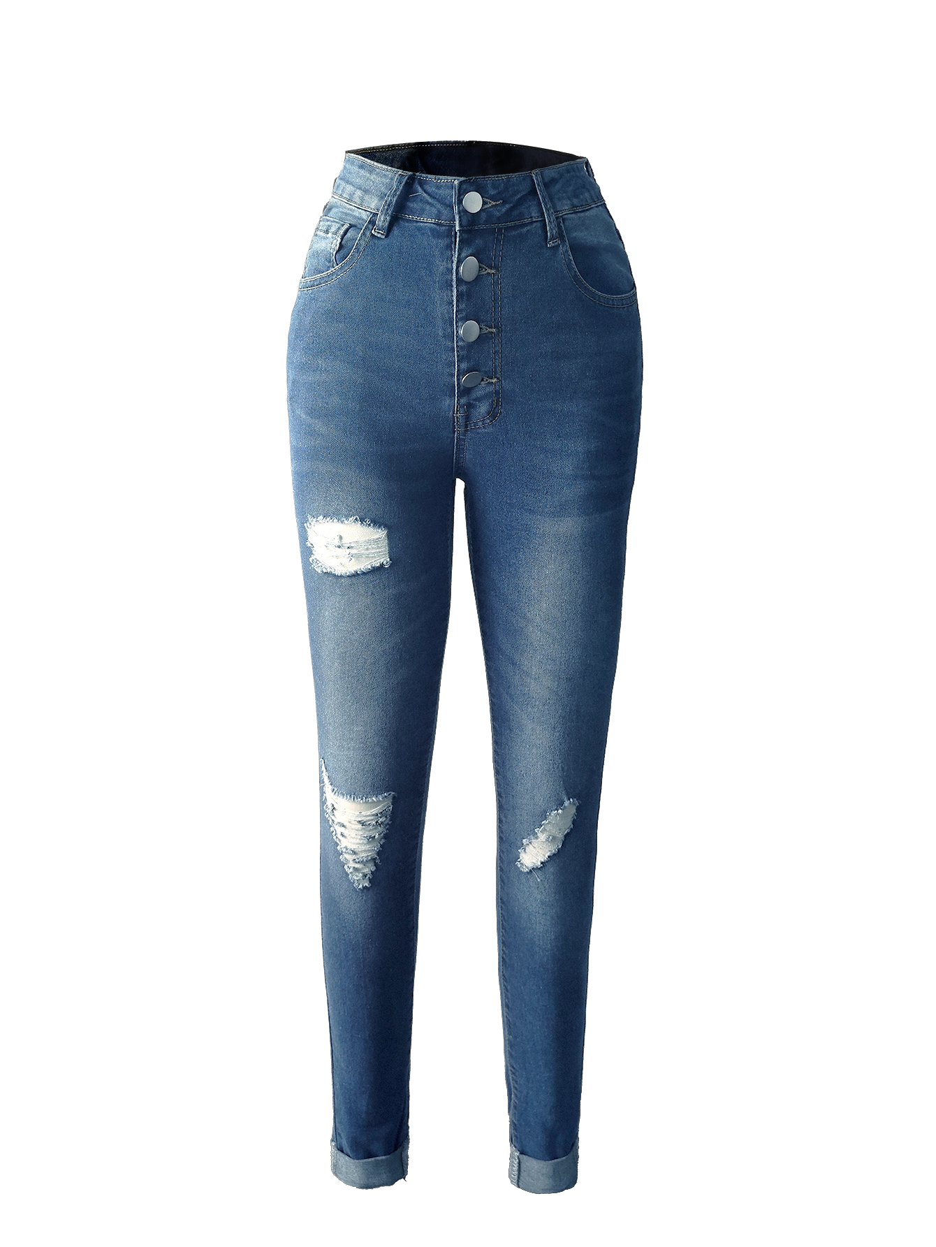 TECCULI - Pantalones vaqueros de mezclilla para mujer, de un solo pecho, con botones, ajustados, lavados, con empalmes, con agujeros y bolsillos, ligeramente elásticos, para uso diario.