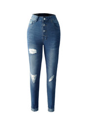 TECCULI - Pantalones vaqueros de mezclilla para mujer, de un solo pecho, con botones, ajustados, lavados, con empalmes, con agujeros y bolsillos, ligeramente elásticos, para uso diario.