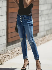 TECCULI - Pantalones vaqueros de mezclilla para mujer, de un solo pecho, con botones, ajustados, lavados, con empalmes, con agujeros y bolsillos, ligeramente elásticos, para uso diario.