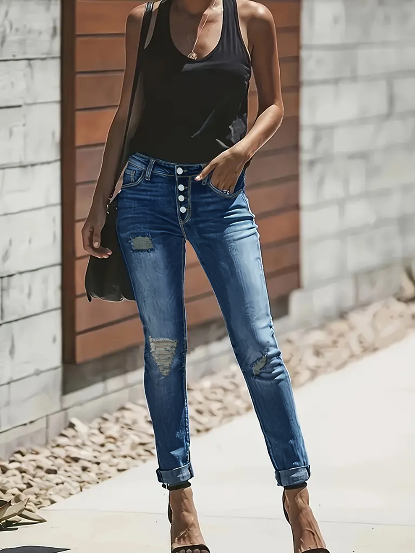 TECCULI - Pantalones vaqueros de mezclilla para mujer, de un solo pecho, con botones, ajustados, lavados, con empalmes, con agujeros y bolsillos, ligeramente elásticos, para uso diario.