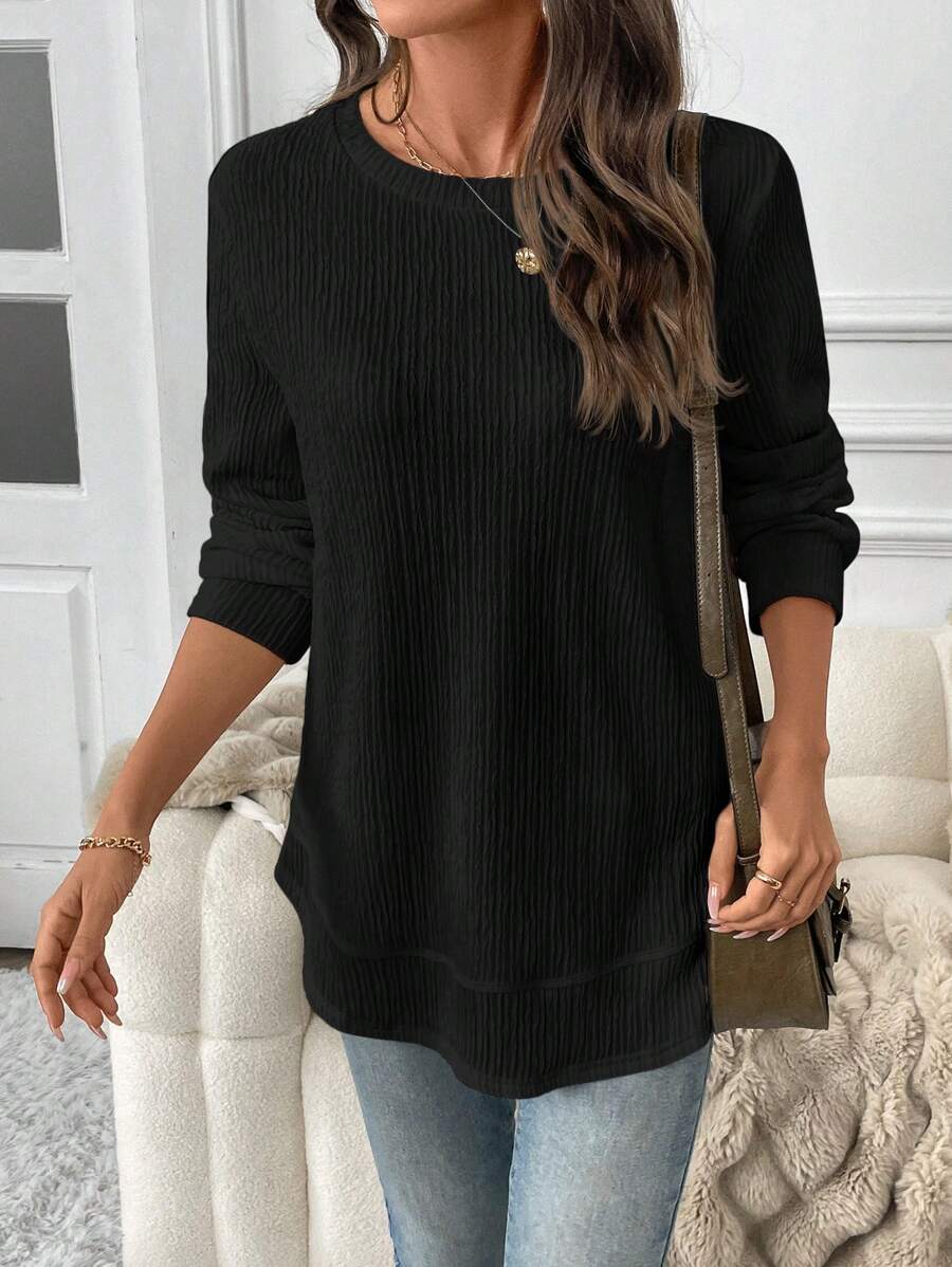 Sudadera LUNE de cuello redondo, dobladillo asimétrico, tejido con textura de gofre, silueta básica, informal y cómoda, para mujer, tops de manga larga