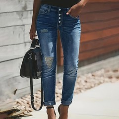 TECCULI - Pantalones vaqueros de mezclilla para mujer, de un solo pecho, con botones, ajustados, lavados, con empalmes, con agujeros y bolsillos, ligeramente elásticos, para uso diario.