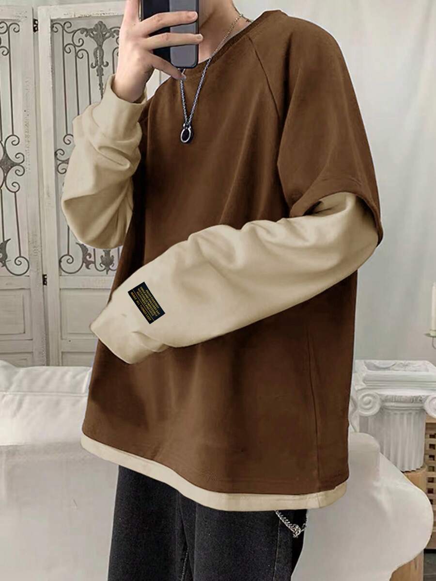 Sudadera informal 2 en 1 de manga raglán larga con parches de letras y bloques de color para hombre de Manfinity Hypemode, para salir