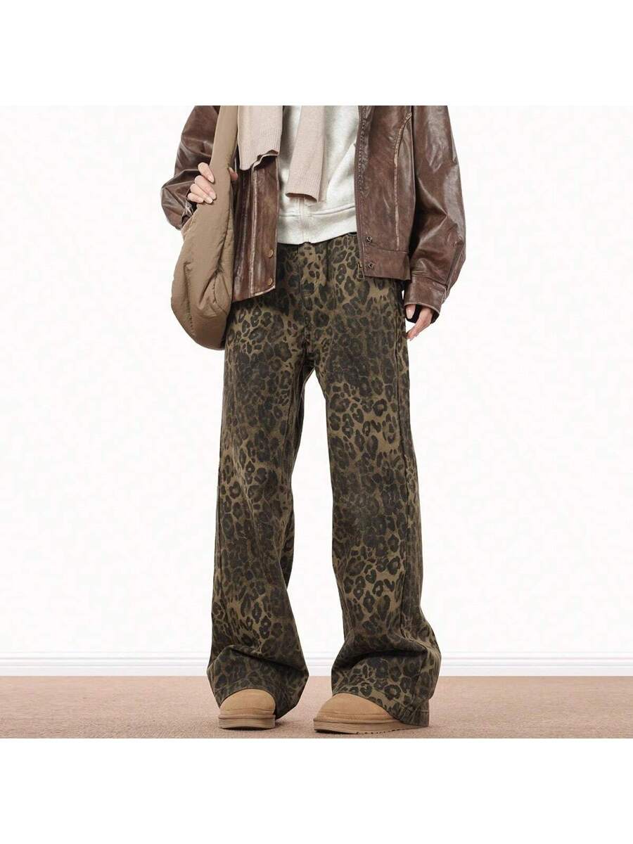 Pantalones vaqueros con estampado de leopardo americano Mannova para hombre, holgados, de corte holgado, estilo urbano, de pierna recta, estilo retro